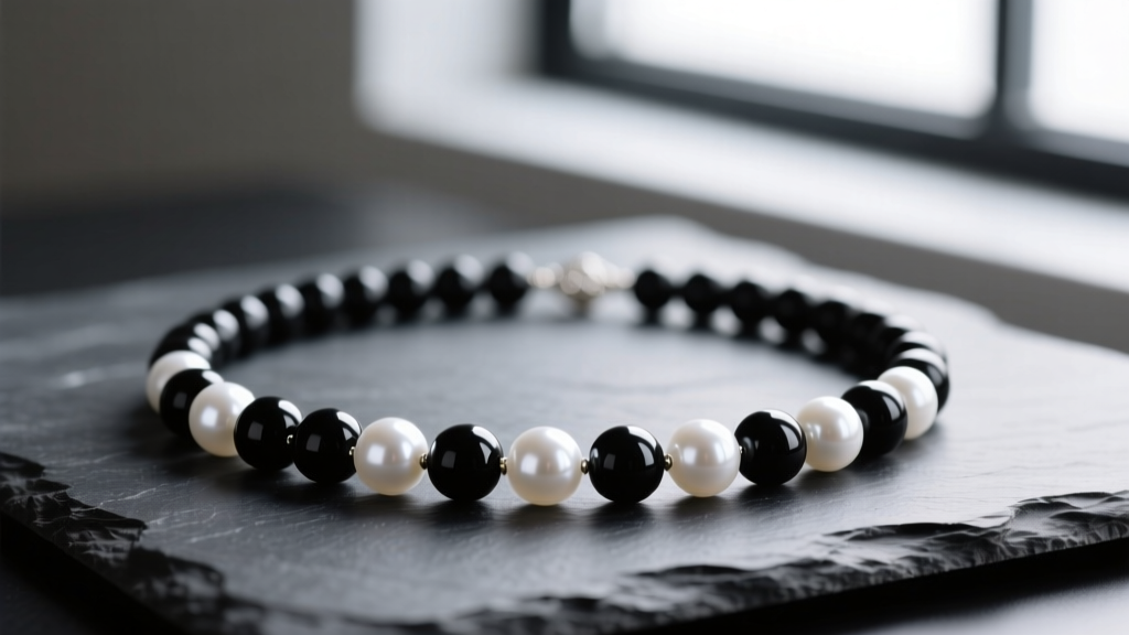 Close-up of a black and white beaded necklace with polished black onyx and white freshwater pearls resting on dark slate.