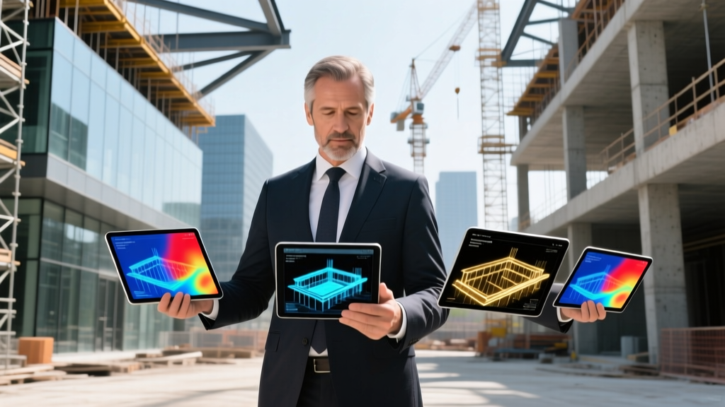 Architect reviewing digital tablets showing structural material stress tests and thermal imaging overlays on a modern commercial job site