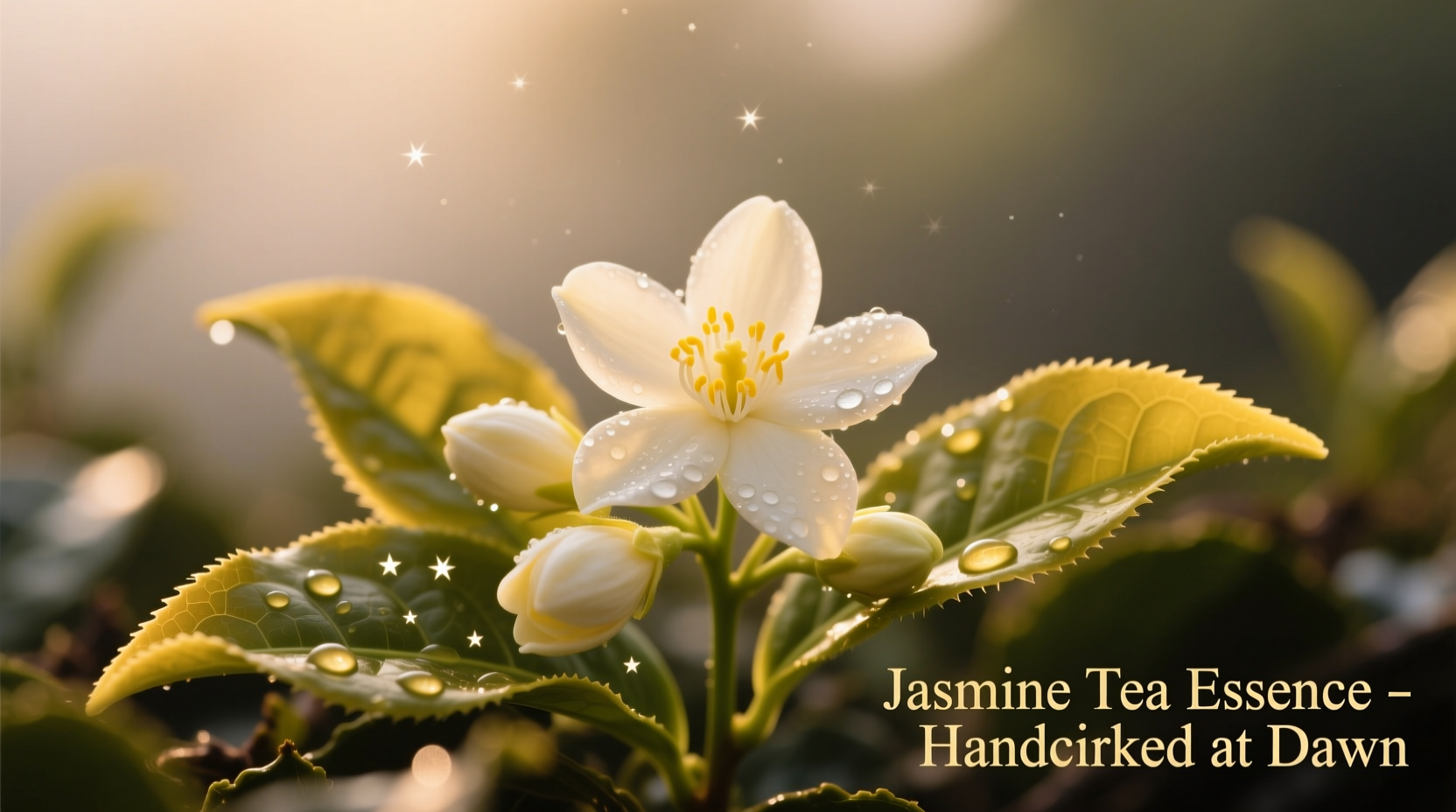 Fresh jasmine blossoms on tea leaves