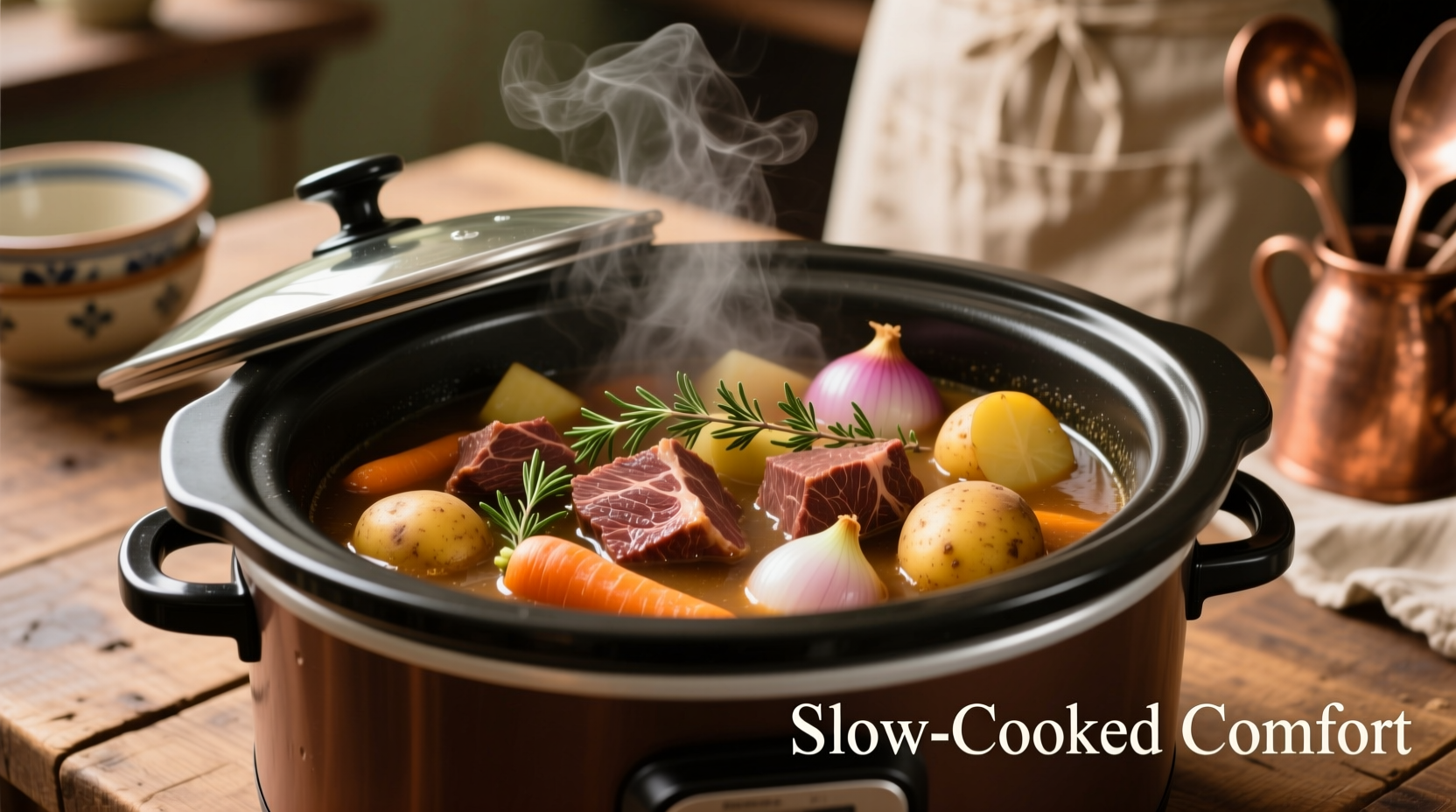 Beef stew ingredients in slow cooker pot