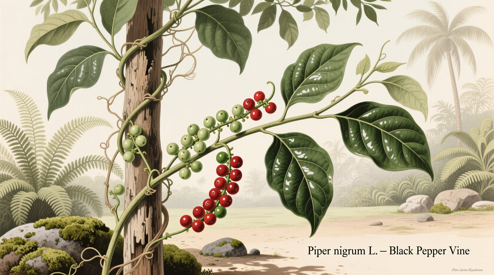 Piper nigrum vine with ripening peppercorns in tropical environment