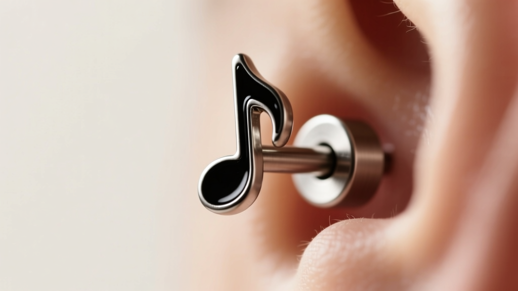 Macro shot of a 16-gauge titanium flat-back labret with a tiny black enamel eighth note top, worn in a helix cartilage piercing