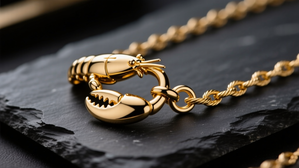 Close-up of a 12mm 14k gold lobster claw clasp on a cable chain resting on a dark slate jeweler bench under soft studio lighting
