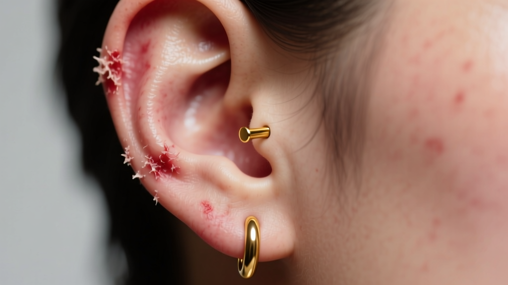 Irritated earlobe piercing with crusting around a gold-plated earring post under clinical light, showing localized tissue rednessu2019t cause an issue. However, as of 2026, the market is saturated with overseas-manufactured 