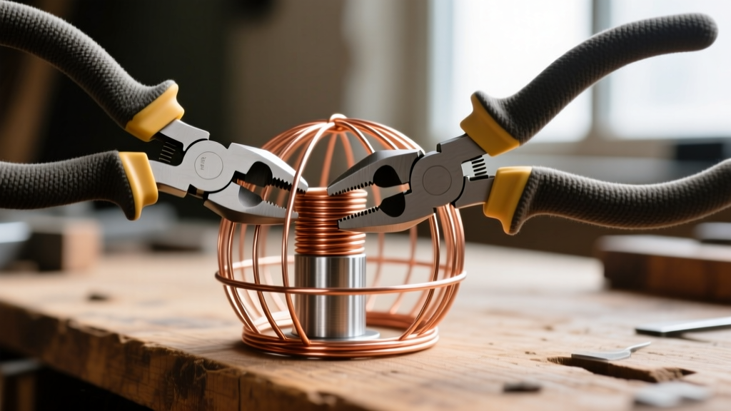 Nylon pliers bending 20-gauge copper wire around a steel mandrel to form a monkey ball cage on a wooden workbench.