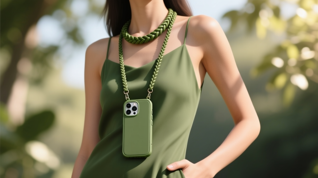 Woman wearing a 6mm braided nylon crossbody phone case necklace in olive green, smartphone resting at hip in soft outdoor sunlight