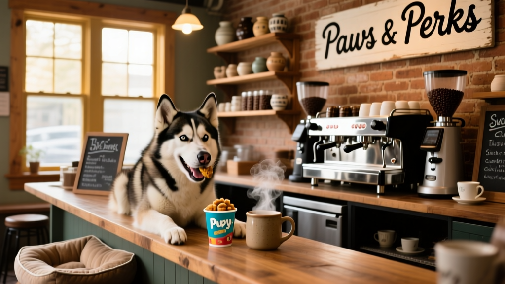 A husky enjoying a pup cup on the counter at a cozy, rustic coffee shop with warm lighting and espresso machines visible