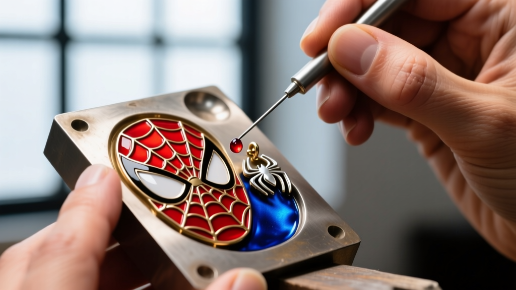 Close-up of a jewelry artisan applying cold epoxy resin enamel into a recessed brass Spider-Man earring mold with a needle