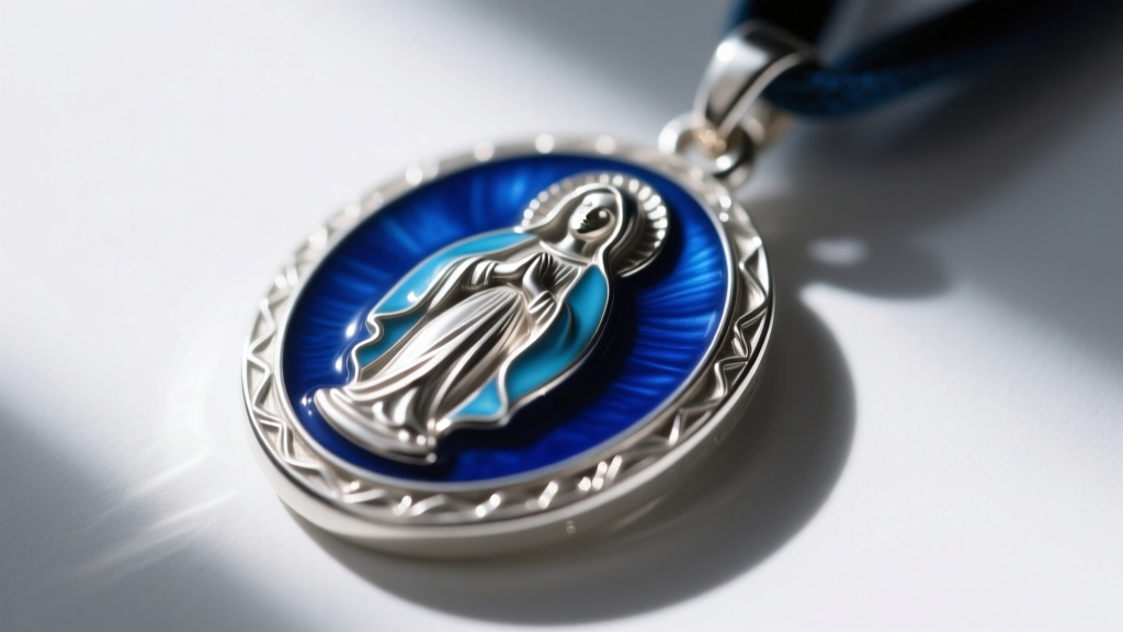 Close-up of a sterling silver Mary medallion with blue vitreous enamel, showing the smooth glass finish and crisp metal borders.