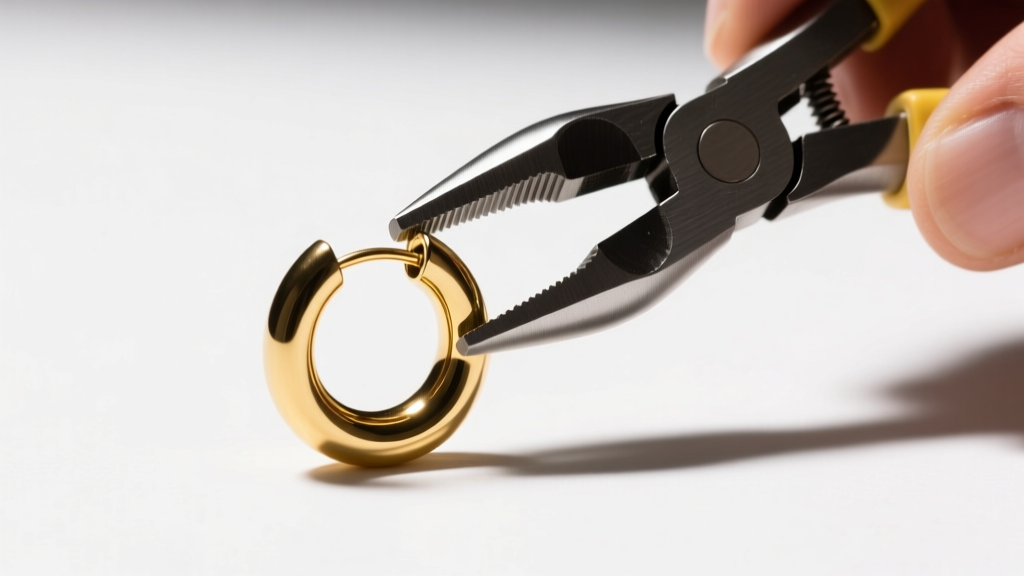 Bent 20-gauge gold-plated brass earring post being straightened with nylon-jaw jewelry pliers under bright studio lighting