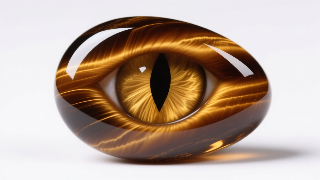 Side-lit macro view of a polished tiger eye cabochon showing parallel fibrous inclusions creating a sharp optical cat-eye effect