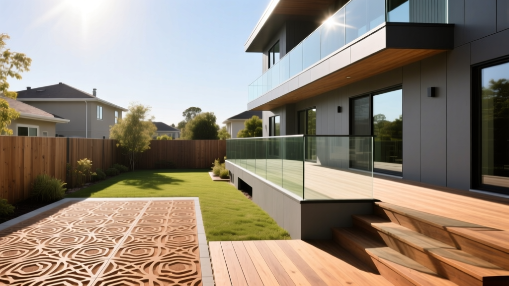 Stamped concrete patio on the left contrasting with a multi-level composite deck and glass railings on the right in a sunny backyard