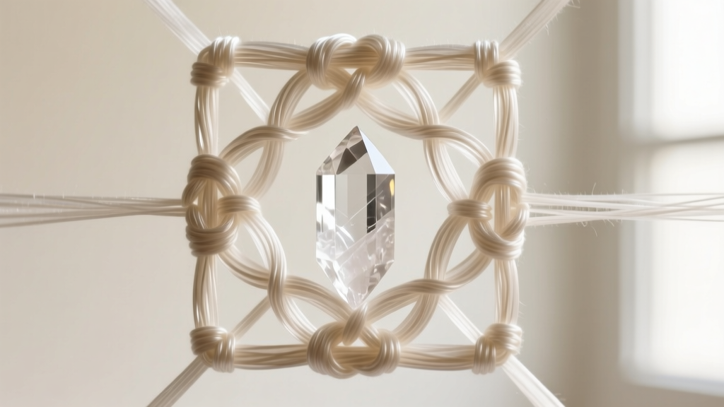 Macro shot of a micro-macrame square knot cage holding a clear quartz point, showing tight 0.5mm nylon cord tension and intricate texture.