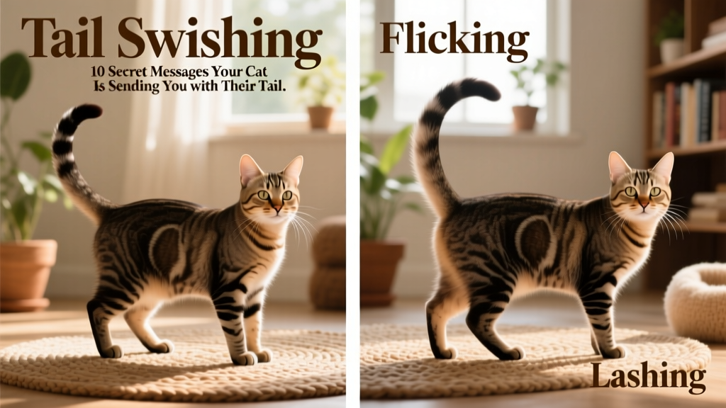 Side-by-side illustrations showing subtle differences between tail swishing, flicking, and lashing
