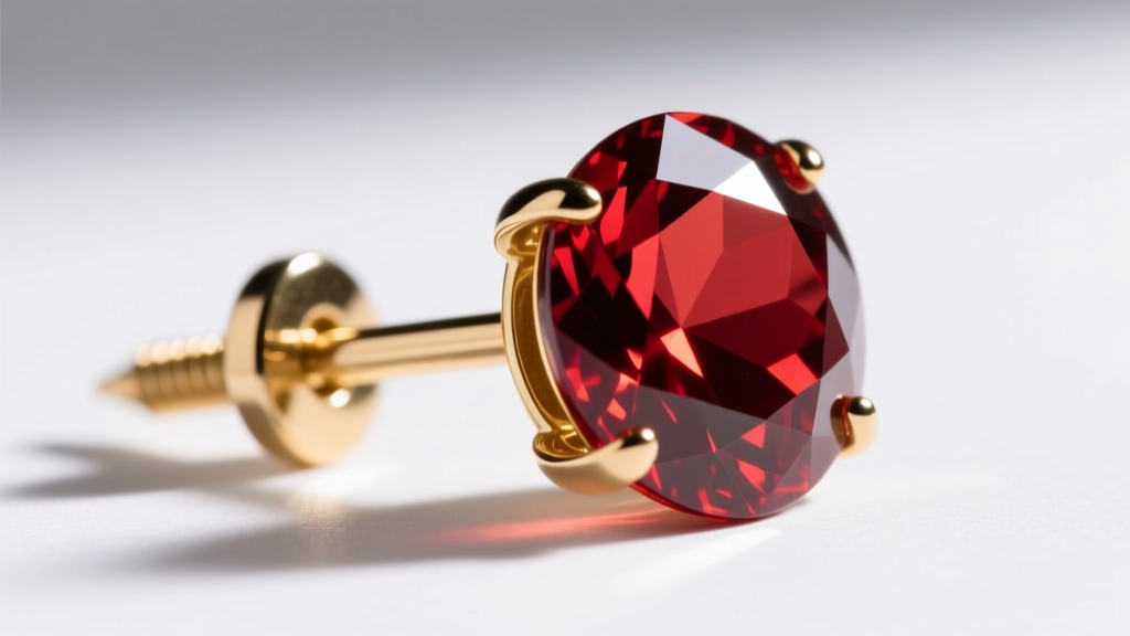 Macro close-up of an 18-gauge gold-plated earring post with a secure screw-back clasp next to a faceted red carnelian gemstone.