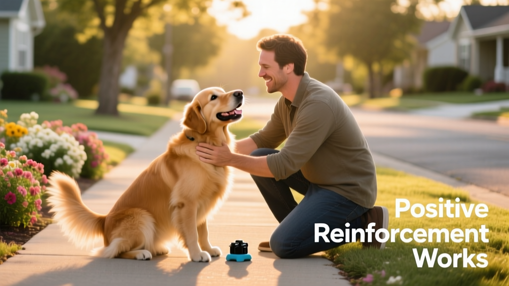 Dog owner praising their dog immediately after it pees outside during a potty break