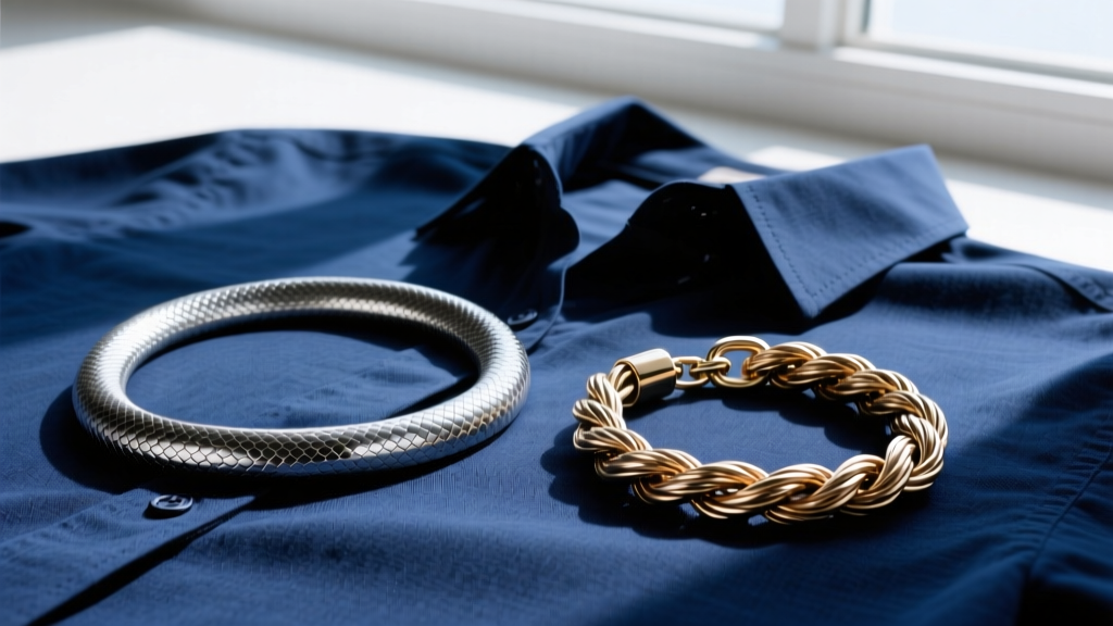 Flat lay comparing a smooth snake chain and a textured cable chain resting on a dark blue linen shirt fabric to show snag risks