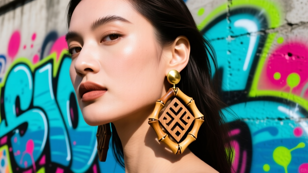Close-up of a woman wearing large carved wooden bamboo earrings with a gold post, set against a vibrant street-art background