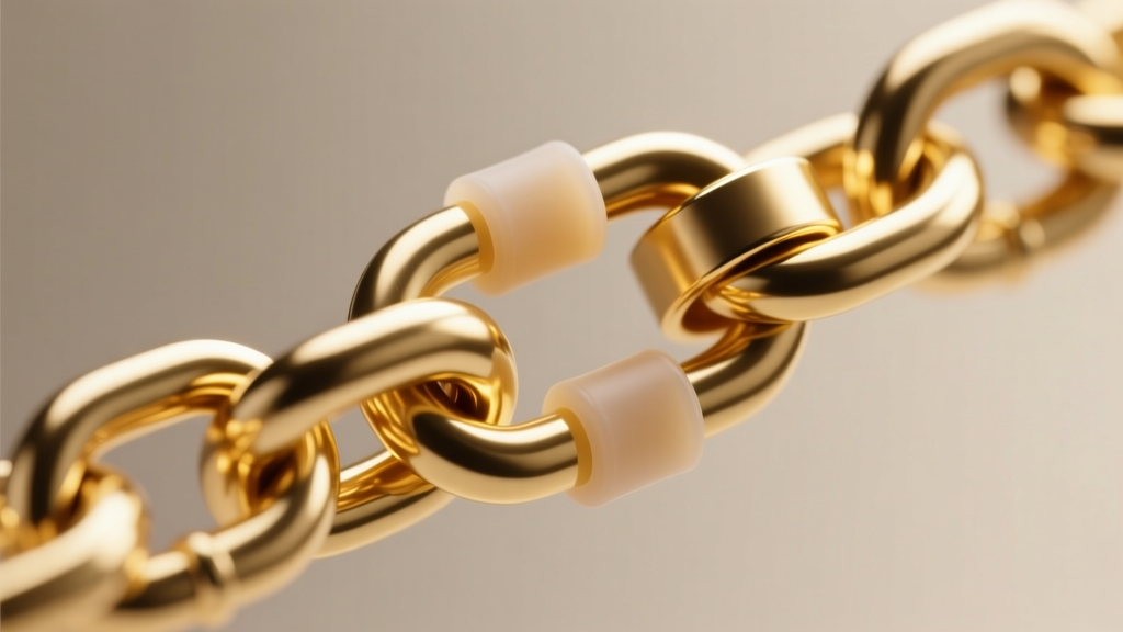 Macro shot of a gold cable chain threading through a silicone-lined sliding clasp, showing interlocking links under bright light