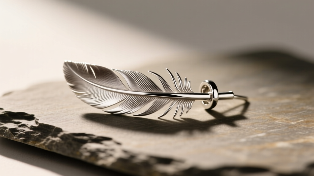 Macro shot of a sterling silver feather earring on slate, revealing detailed barbs and central shaft under soft light