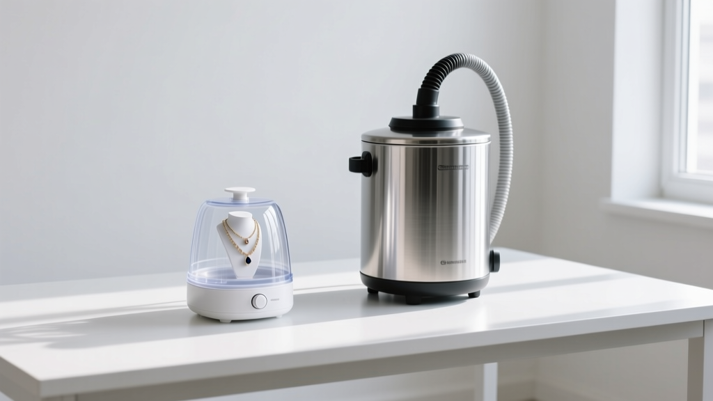 Compact plastic consumer jewelry steamer next to a heavy-duty commercial stainless steel steam cleaning unit on a clean white desk