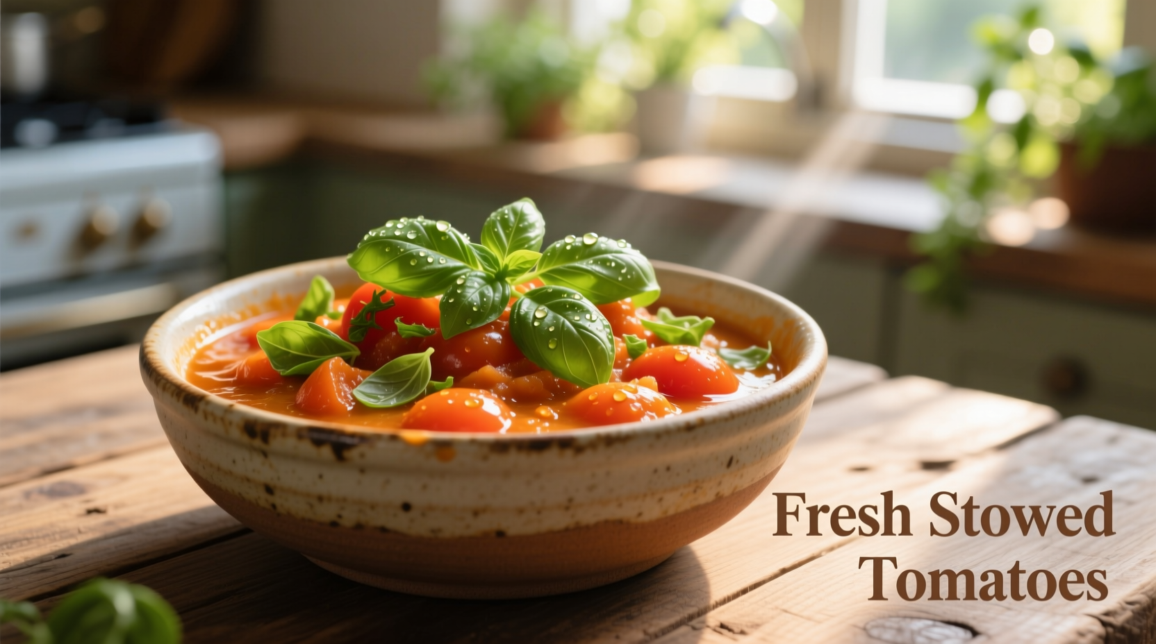 Fresh stewed tomatoes in ceramic bowl with basil garnish