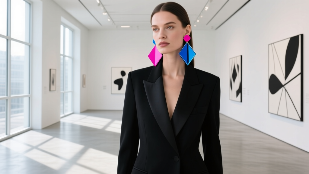 Woman in a minimalist blazer wearing large geometric acrylic clip-on drop earrings in a bright, modern art gallery space.