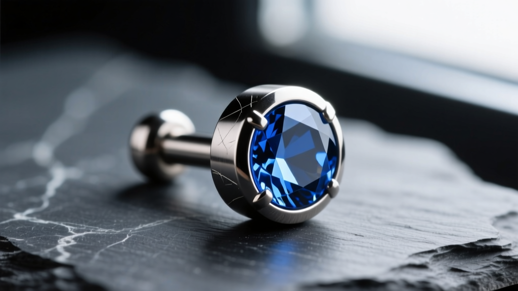 Macro photography of a polished ASTM F136 titanium labret stud with a bezel-set sapphire, resting on a dark slate surface.