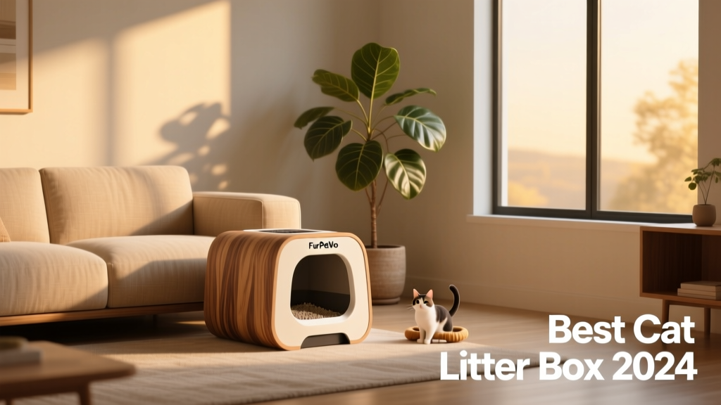 A stylish FurPetVo furniture-style litter box placed beside a sofa in a modern living room