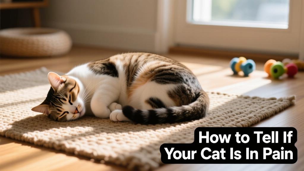 Cat lying curled up with arched back and tucked-in head, showing classic pain posture