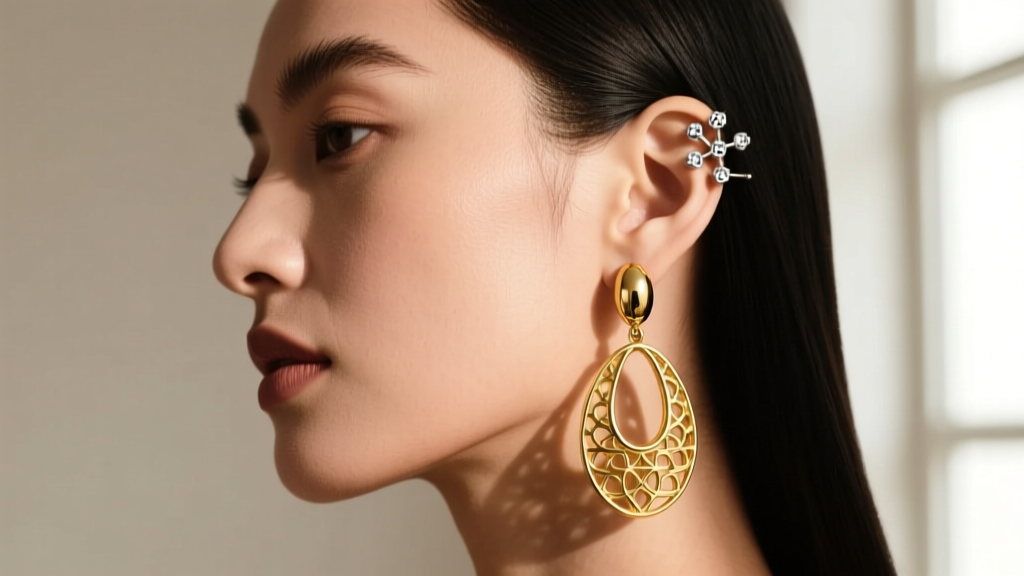 Side profile showing a heavy 14k gold drop earring on one ear and a delicate cluster of 20-gauge silver studs on the opposite ear