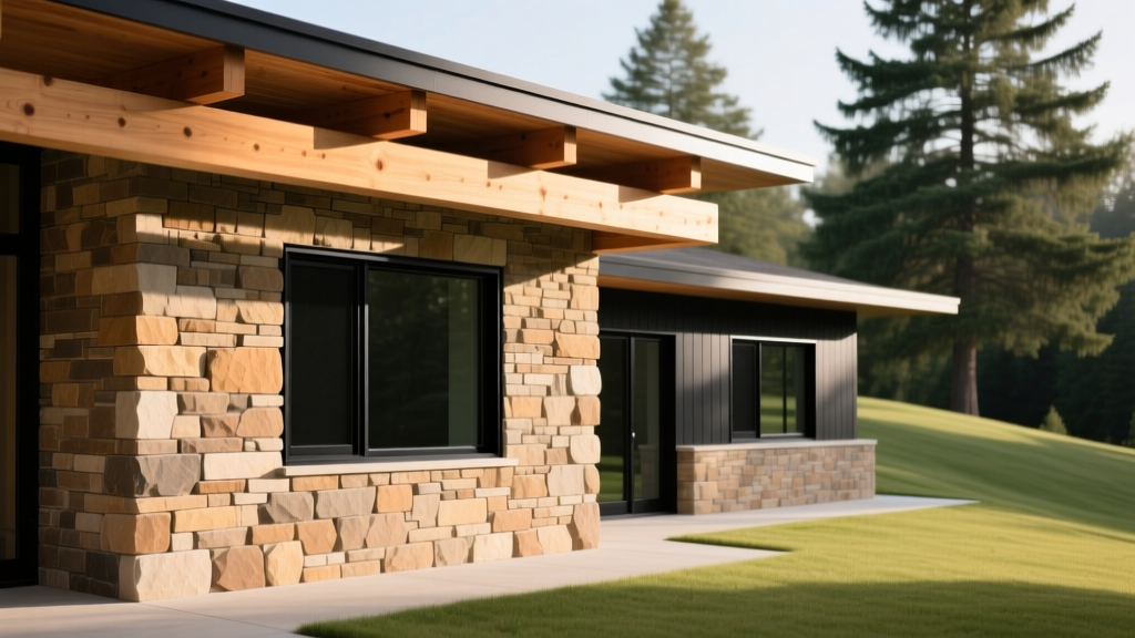 Modern craftsman exterior featuring warm stacked stone veneer siding accented with black window frames and natural cedar beams.