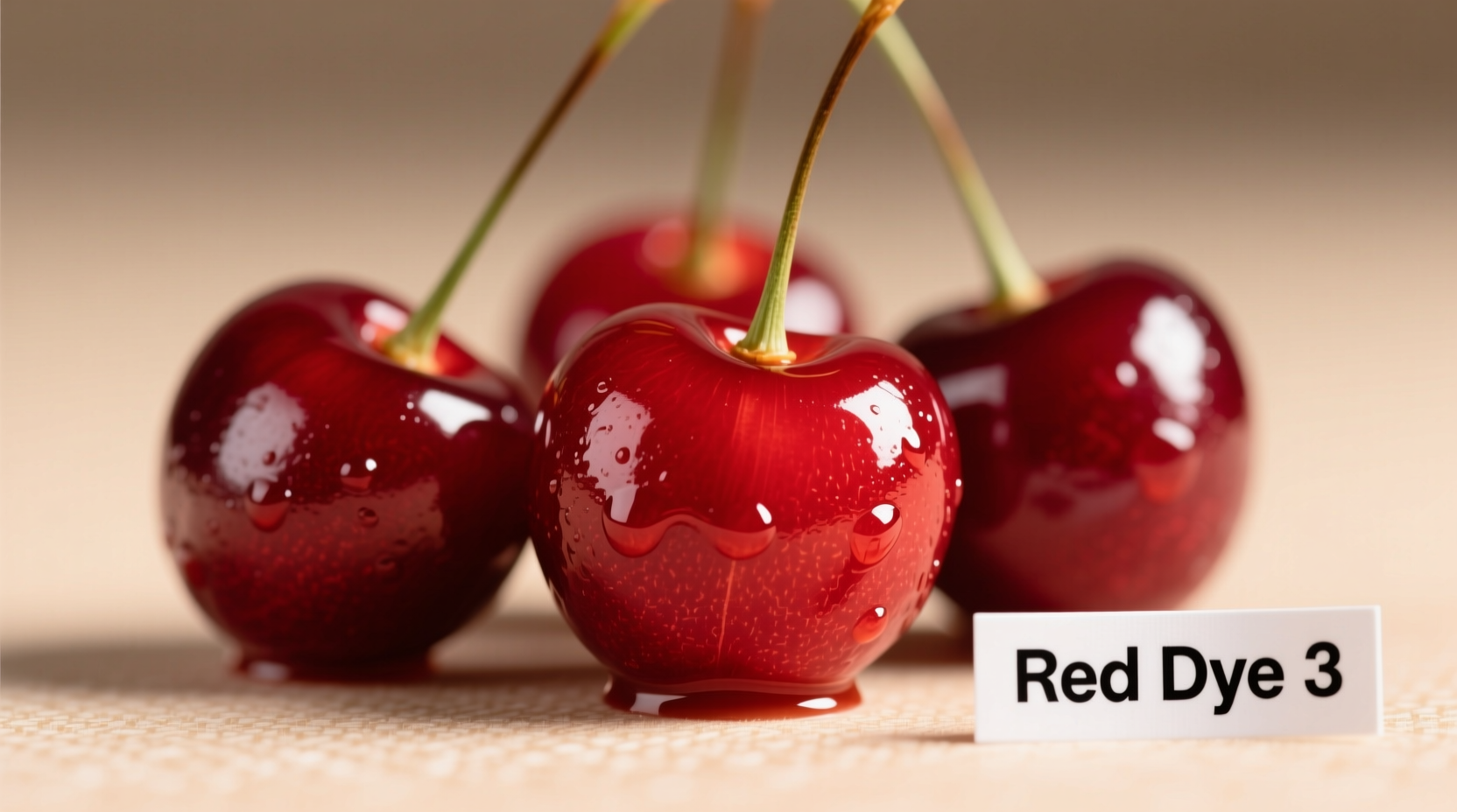 Close-up of maraschino cherries with ingredient label showing red dye 3