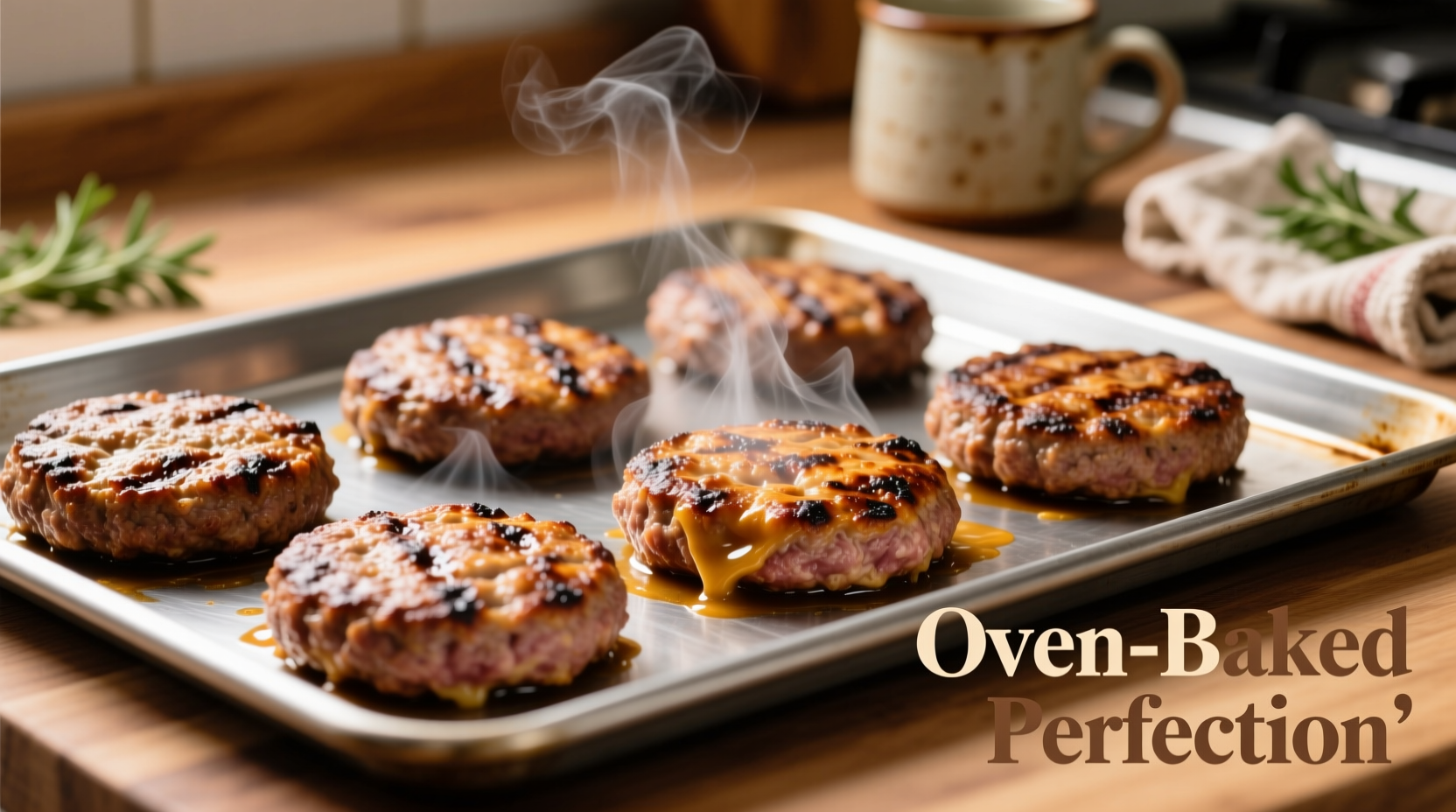 Oven-baked hamburger patties on baking sheet