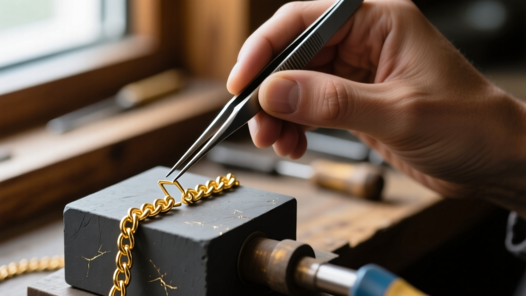 Macro shot of jeweler hands using tweezers to align a broken 14k gold cable chain link on a dark charcoal soldering block.