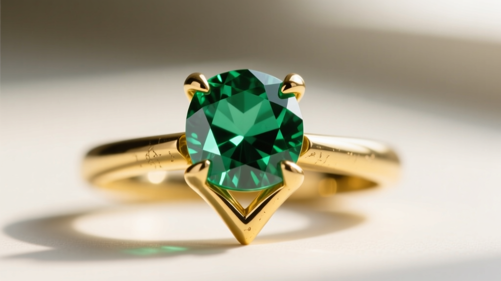 Extreme macro of a 14k yellow gold V-prong securing a faceted emerald, highlighting metal grain and polishing marks