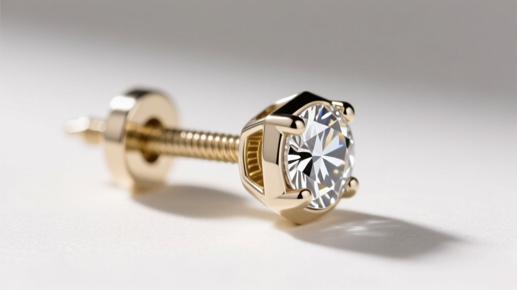 Detailed view of an 18-gauge white gold earring post with a threaded screw back, designed for heavy geometric diamond studs.