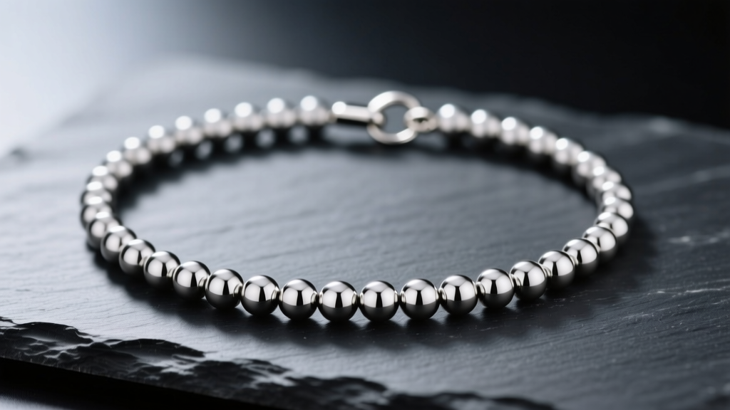 Polished stainless steel ball chain necklace on dark slate, showing round bead links and a small metal connector clasp.