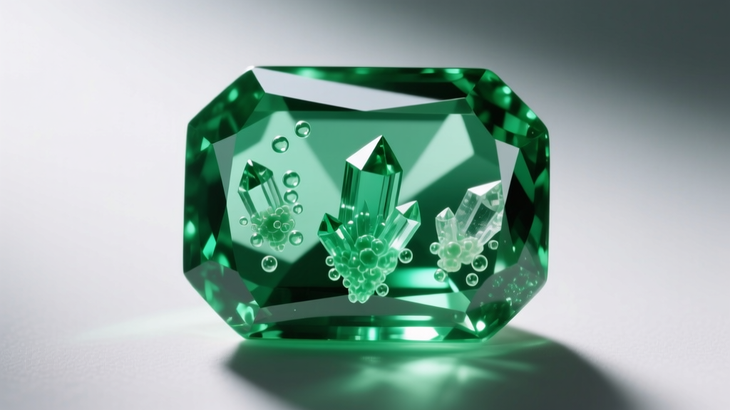Macro photo of three-phase inclusions in a green Colombian emerald, revealing liquid, gas bubbles, and solid crystal formations