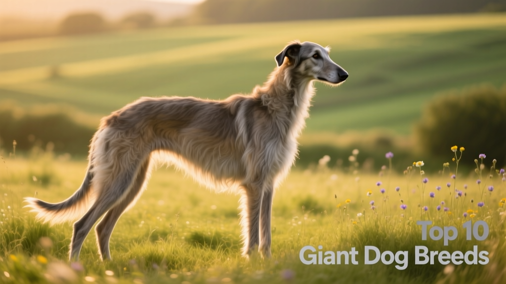 A tall, lean Irish Wolfhound standing gracefully in a grassy field, showcasing its wiry coat and long legs