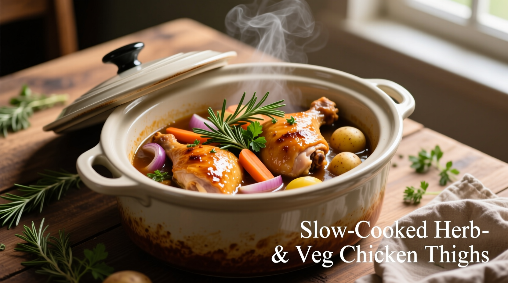 Chicken thighs in crockpot with herbs and vegetables