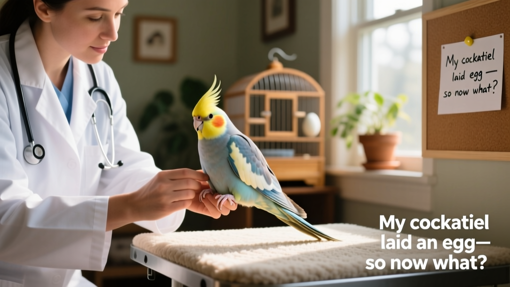 Veterinarian gently examining a calm cockatiel during a routine wellness checkup
