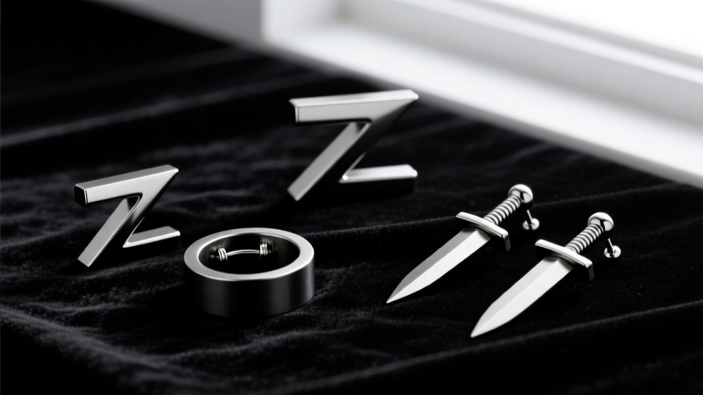 Flat lay of titanium Z-shaped ear cuffs and dagger earrings on dark velvet, highlighting 16-gauge posts and matte black finishes.