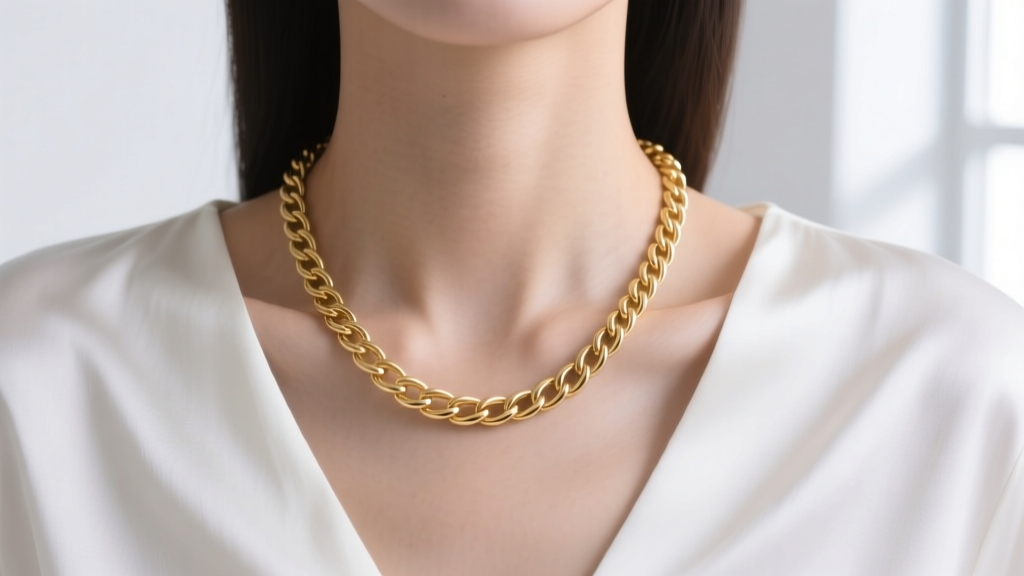 Close-up of a collarbone with an 18-inch gold cable chain resting just below the throat hollow against a crisp white silk blouse.