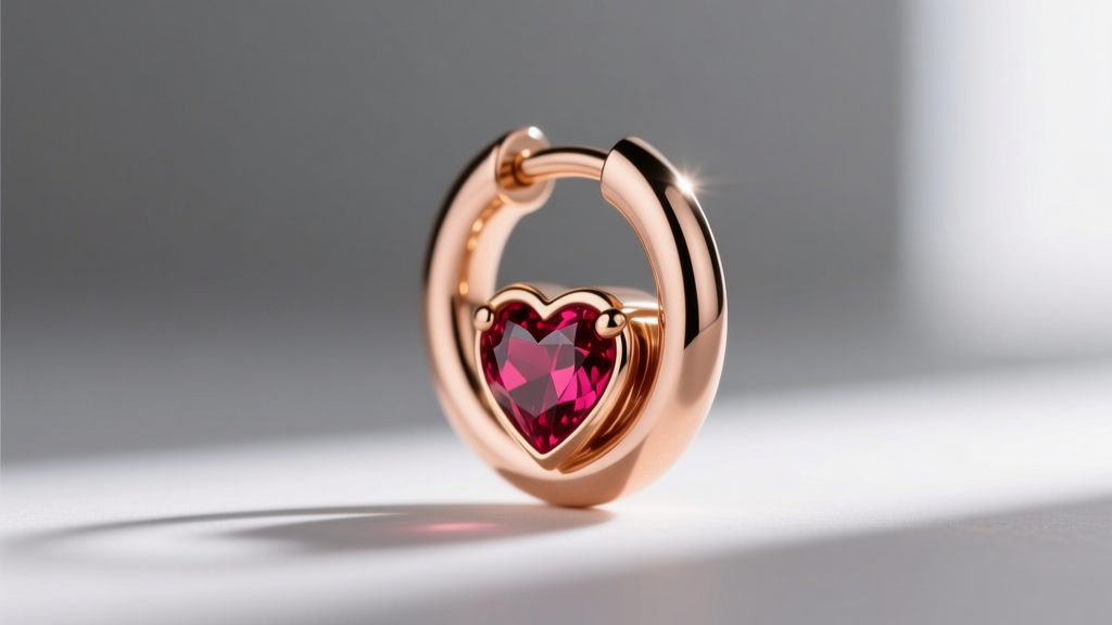 Side profile of a 16-gauge rose gold Queen of Hearts helix hoop with a ruby charm, softly lit by natural window light.