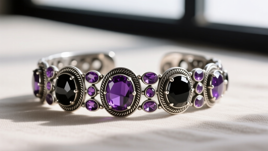Close-up of a vintage 1950s Taxco sterling silver bracelet featuring intricate inlaid amethyst and obsidian mosaic stones