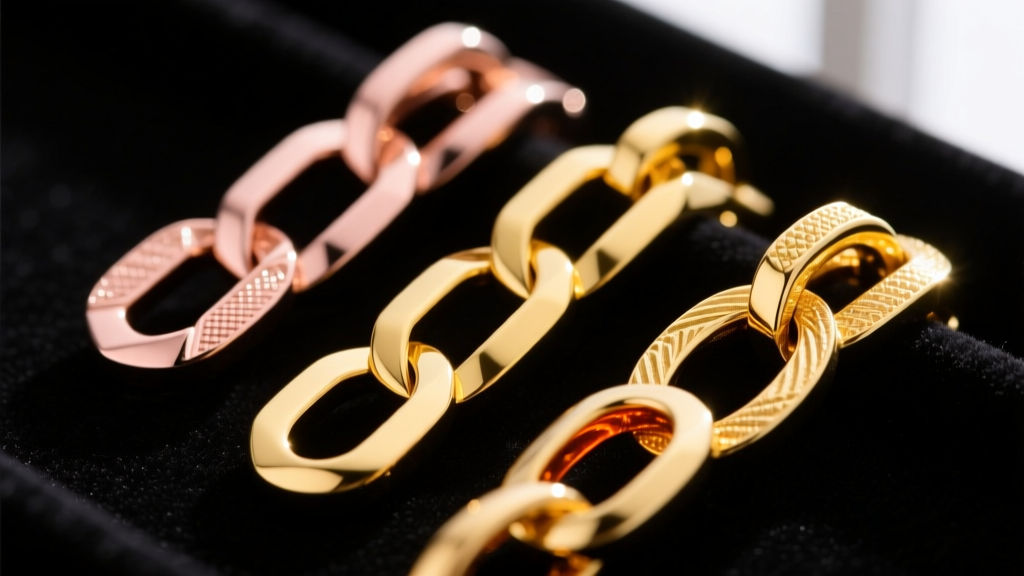 Macro shot of three gold alloy statement links showing color contrast between 14k rose, 18k yellow, and 22k deep gold on velvet
