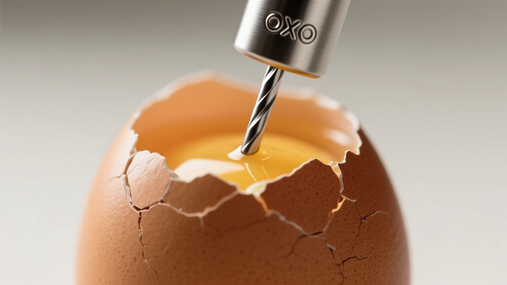 Close-up of an OXO egg piercer pressing into a brown egg, showing the tiny needle releasing the air pocket before boiling.