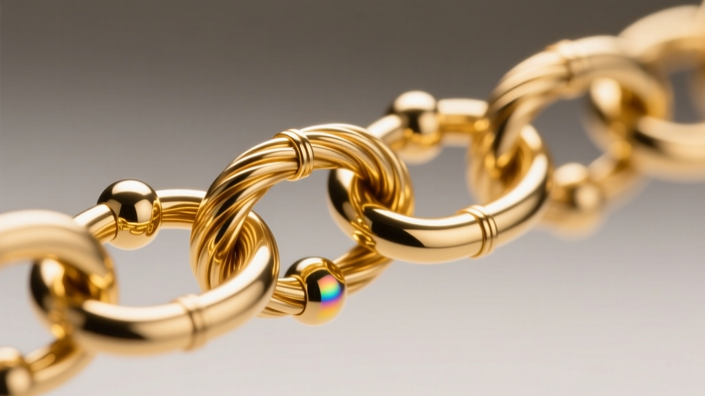 Extreme close-up of a 1.2mm gold cable satellite chain showing laser-welded 3mm spherical stations spaced evenly along the links