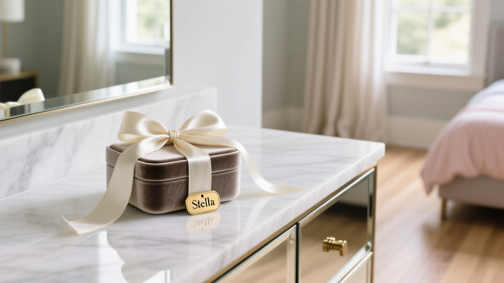 Pottery Barn Stella jewelry box tied with ribbon on marble vanity, soft light highlighting mirrored accents and gold tag